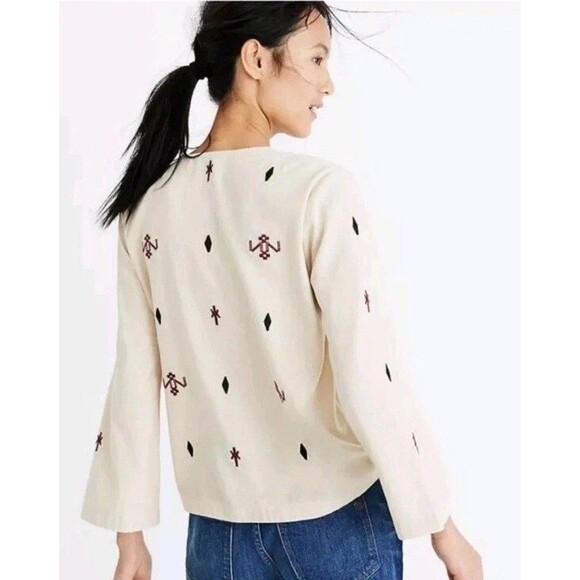 Madewell Women Shirt Small Silk Red Embroidered Aztec Print Tassel Poms Top - Picture 4 of 16